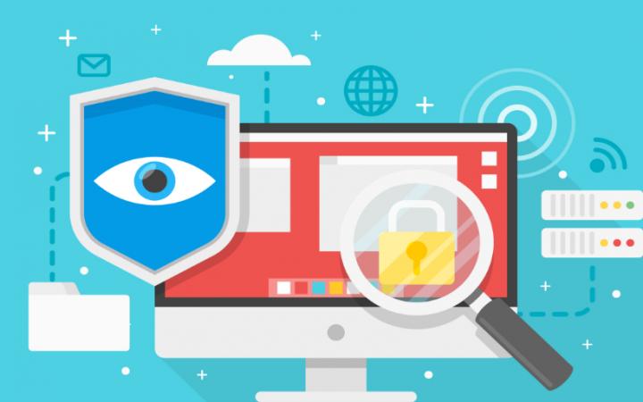 Visuele representatie van geopblocking. Illustratie met computer, vergrootglas en beveiliging.
