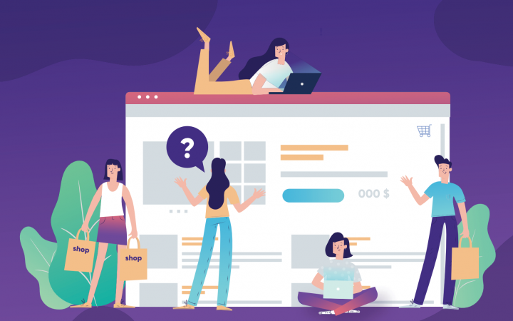 Mensen zitten en winkelen om een computer heen, een voorbeeldvan headless commerce
