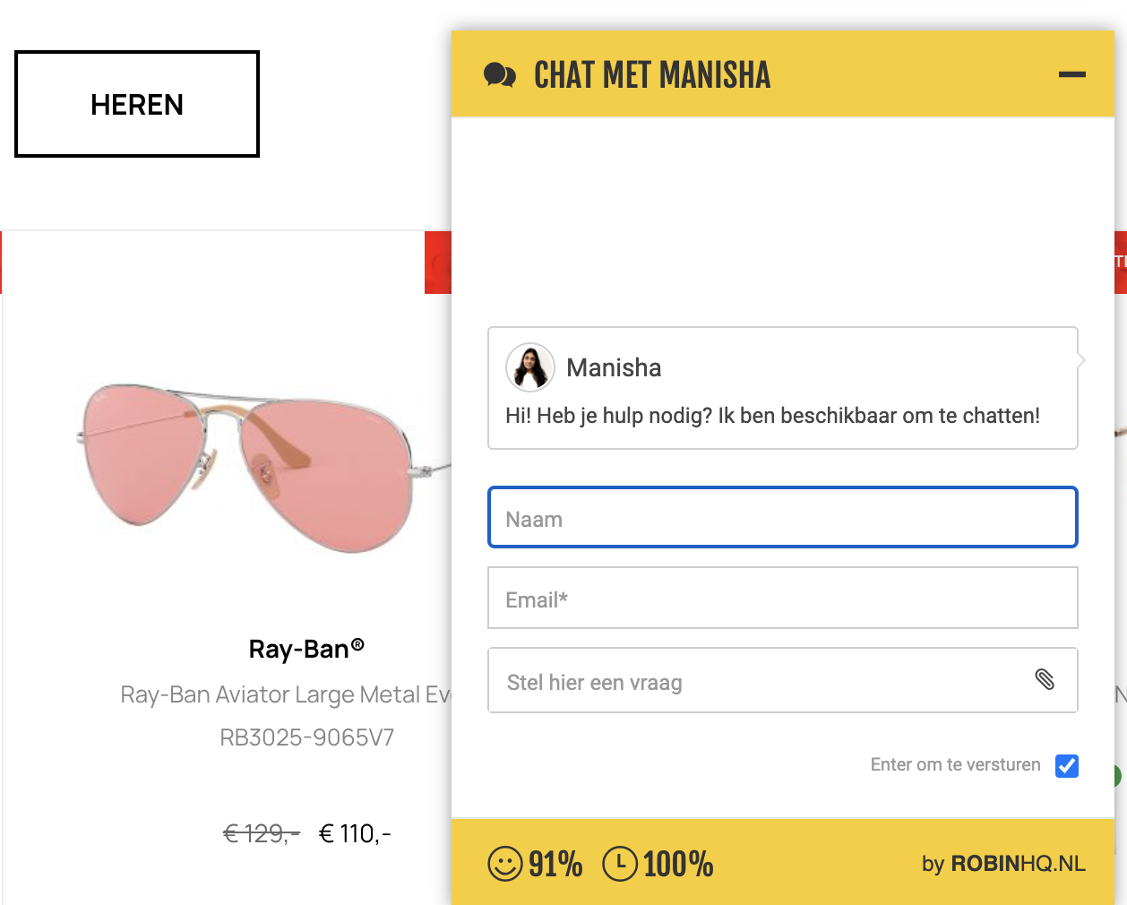 Live Chat bij onze klant zonnebrillen.nl