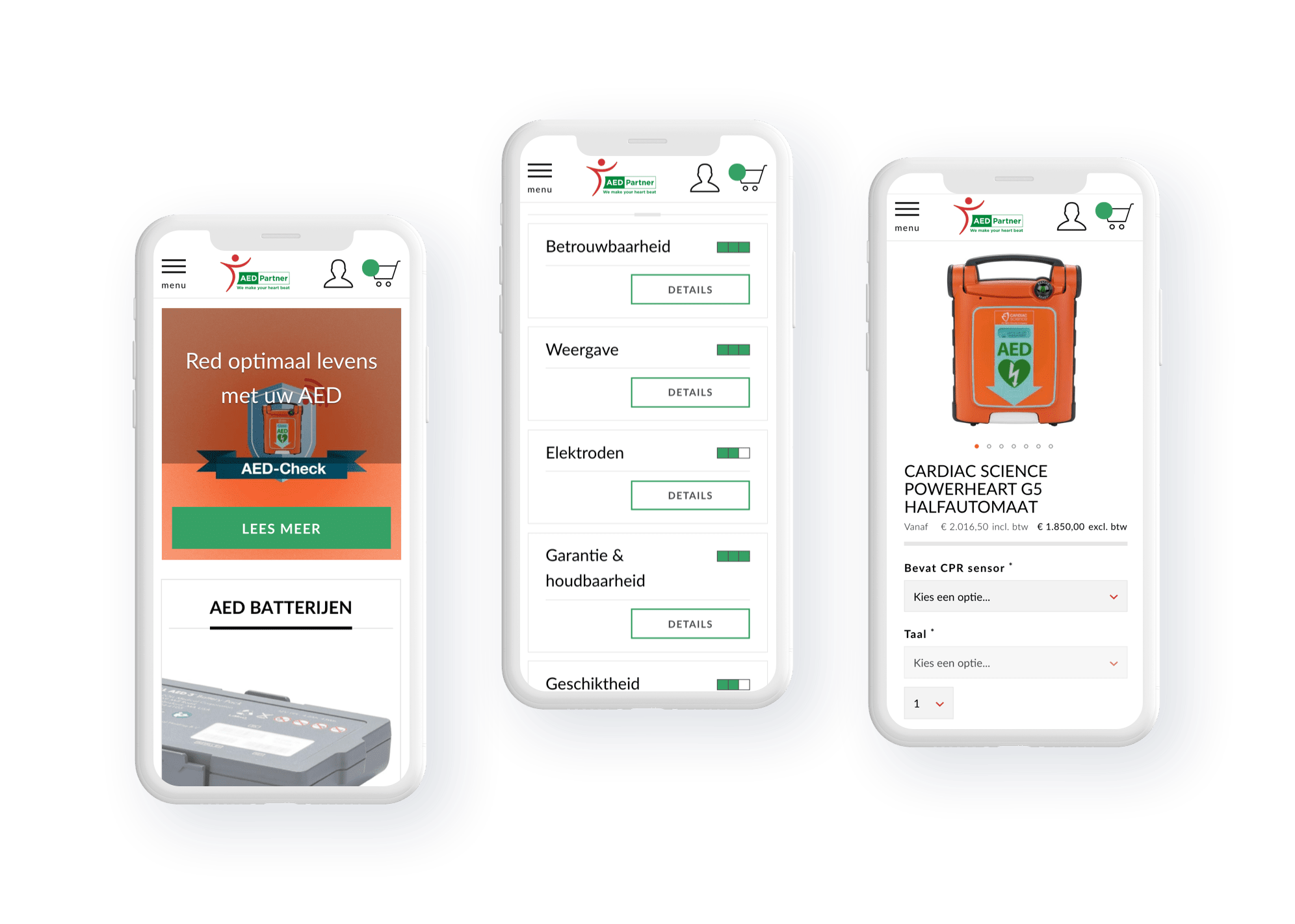 Screenshots van de mobiele website van aed partner