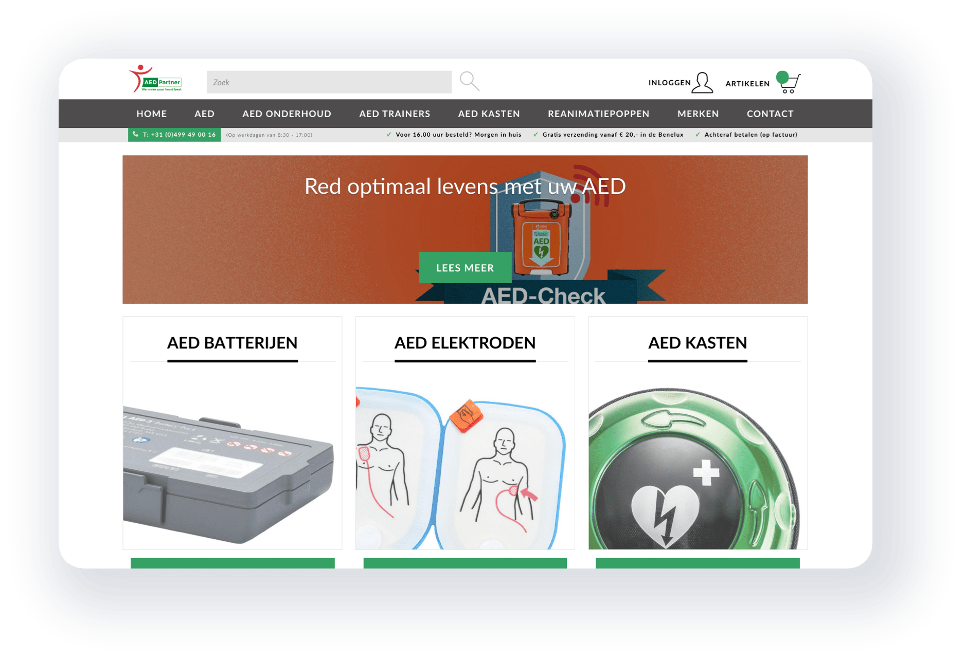 Screenshots van de webshop van AED partner getoond op een aantal verschillende apparaten.
