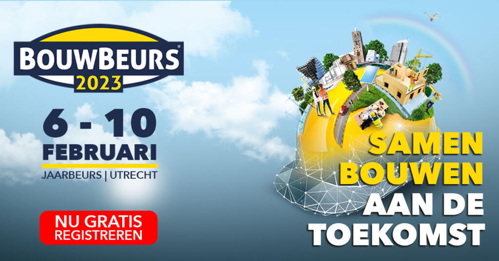 Een banner met de datum van de bouwbeurs erop