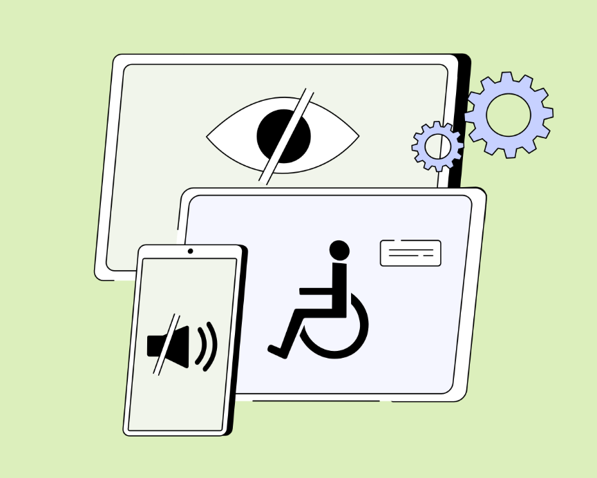 Afbeeldingen van computer schermen met daarom verschillende beperkingen zoals visueel, niet kunnen horen, of lichamelijk beperkt zijn.