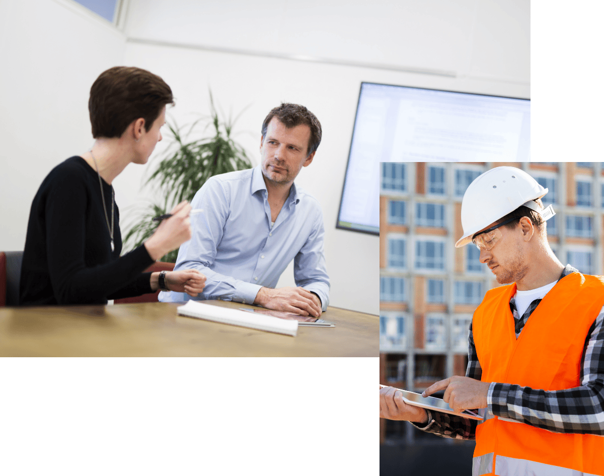 2 mensen aan het werk en een bouwvakker op een ipad